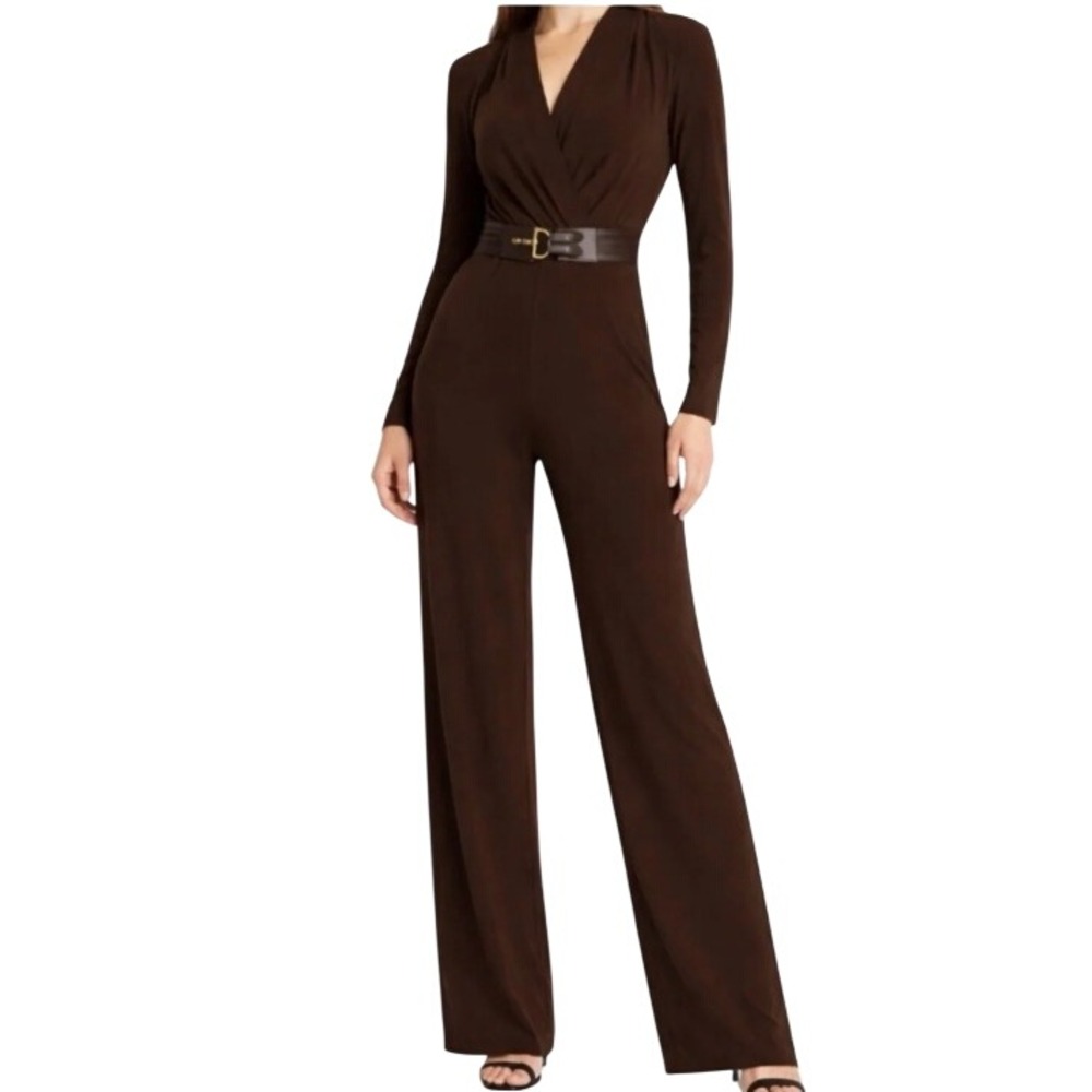 Lauren Ralph Lauren M Brown Belted Horsebit Buckle Trim Wide Leg Jersey Jumpsuit